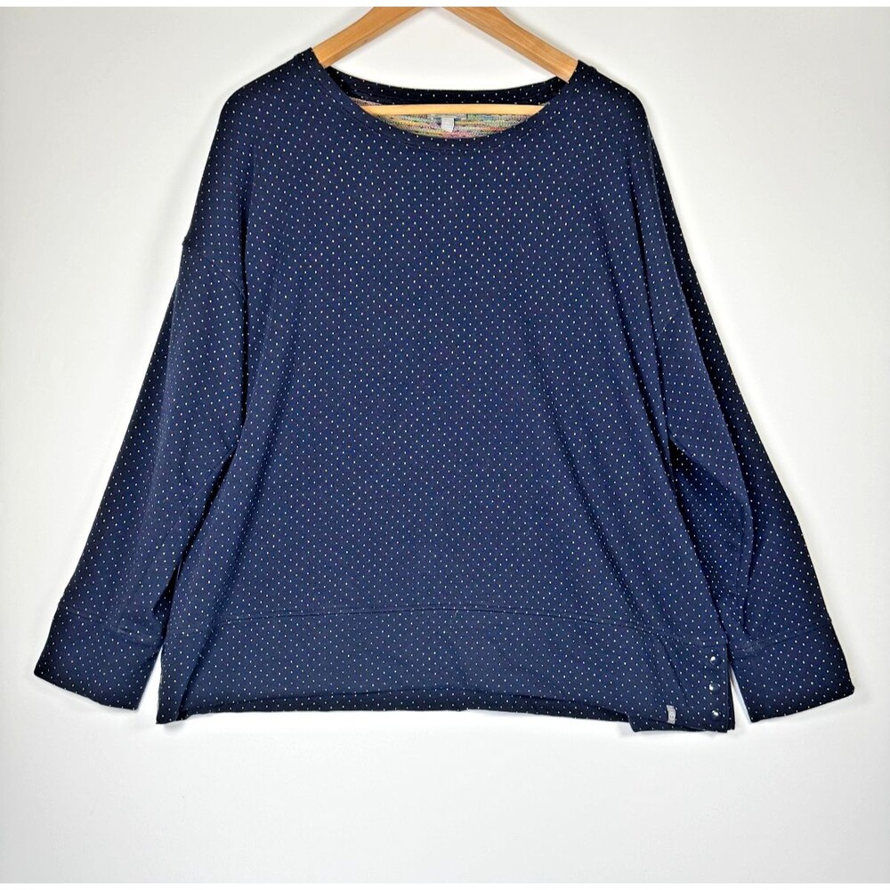 T By Talbots Pullover Top Womens XL Navy Blue Rainbow Polka Dot Snap Hem Stretch